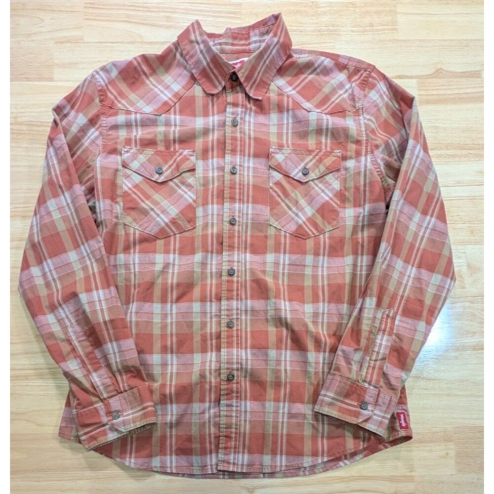 Wrangler Shirt Mens Large L Plaid Button Down Long Sleeve Orange Stretch Western